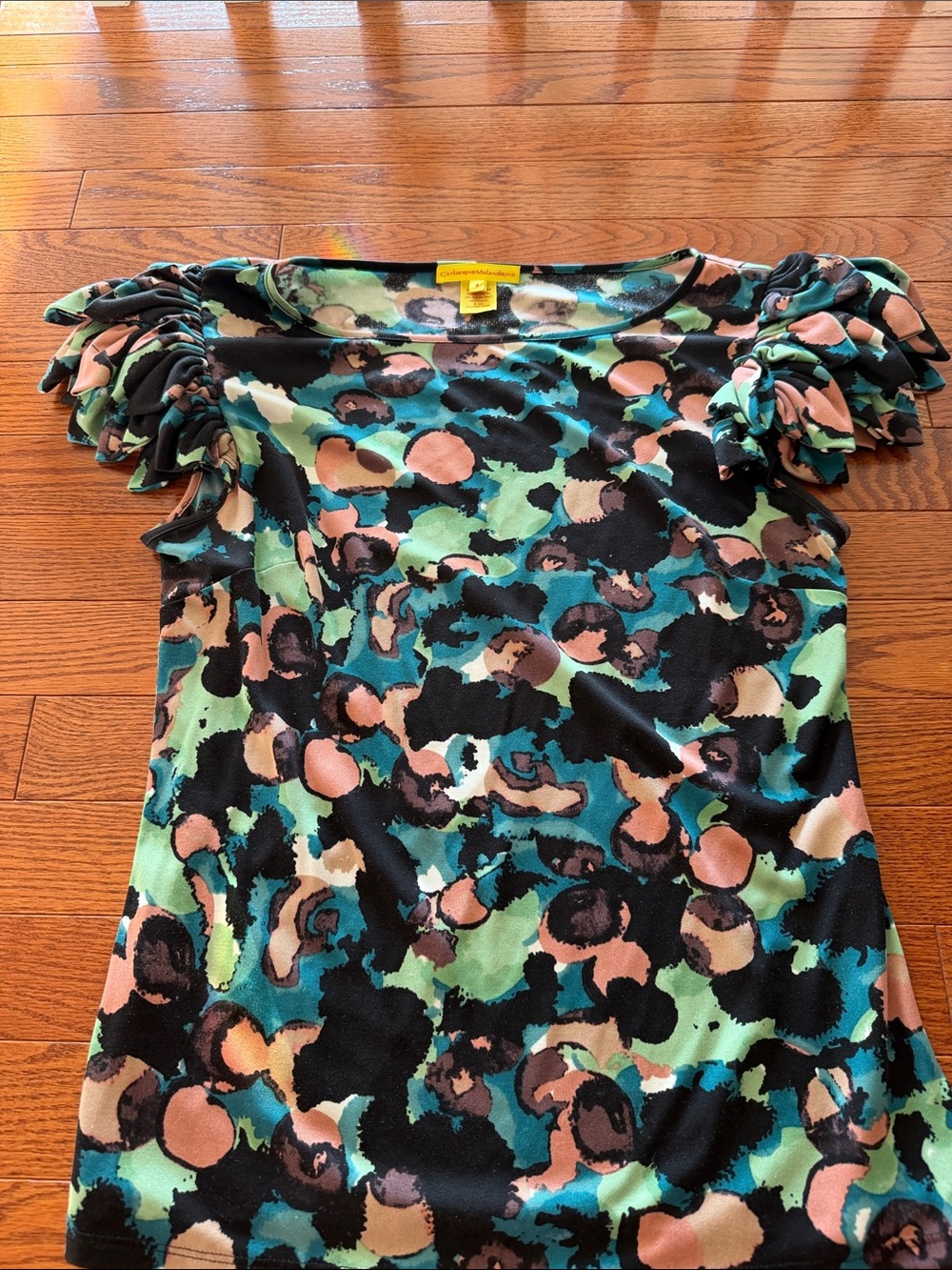 Catherine Malandrino Abstract Ruched Sleeve Top in Teal, Black & Peach